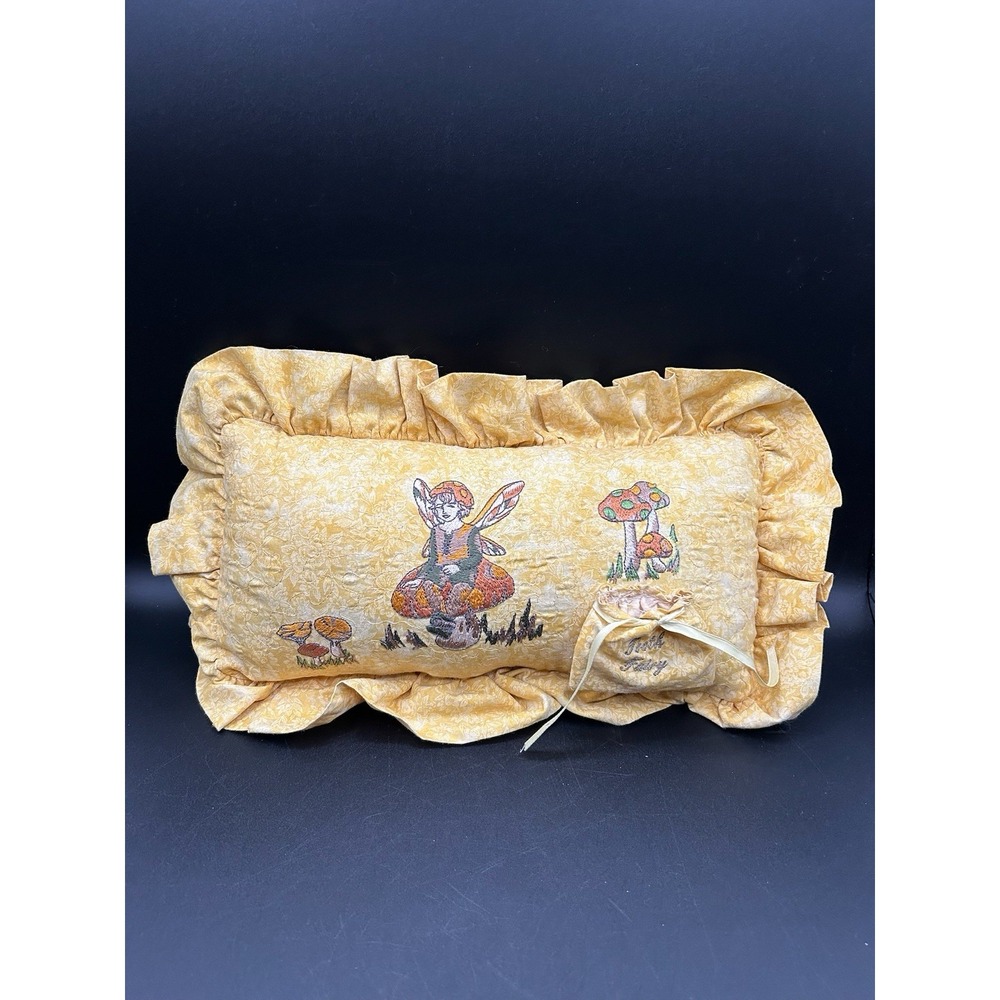 Vintage Tooth Fairy Pillow Embroidered Yellow Ruffle Mushroom Fairy Keepsake Toy